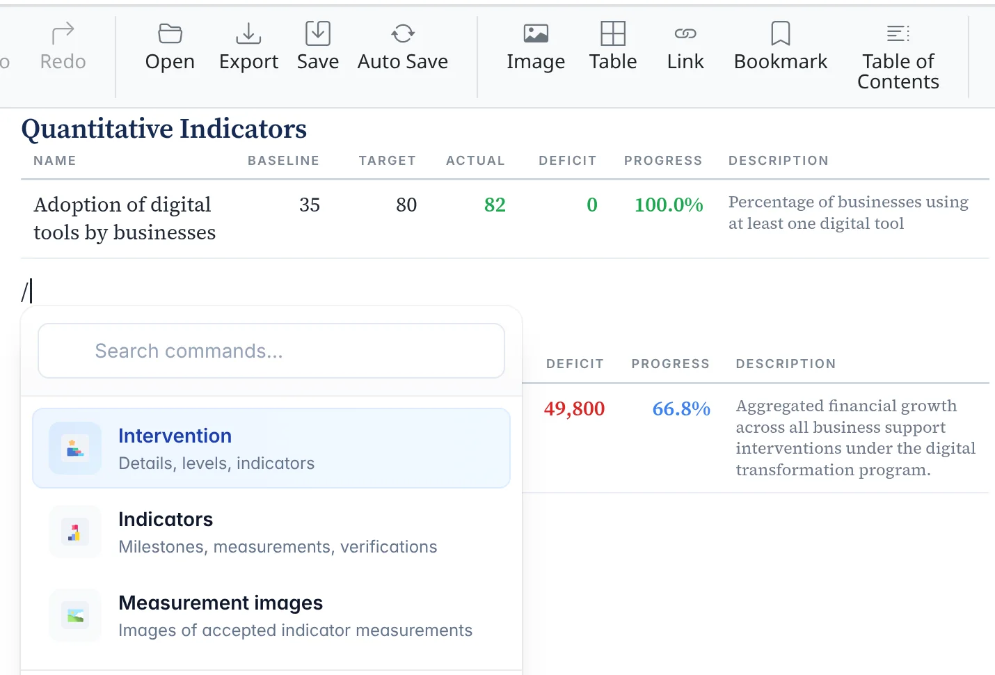 A report document in SpectoQ, with indicator tables and the slash command open