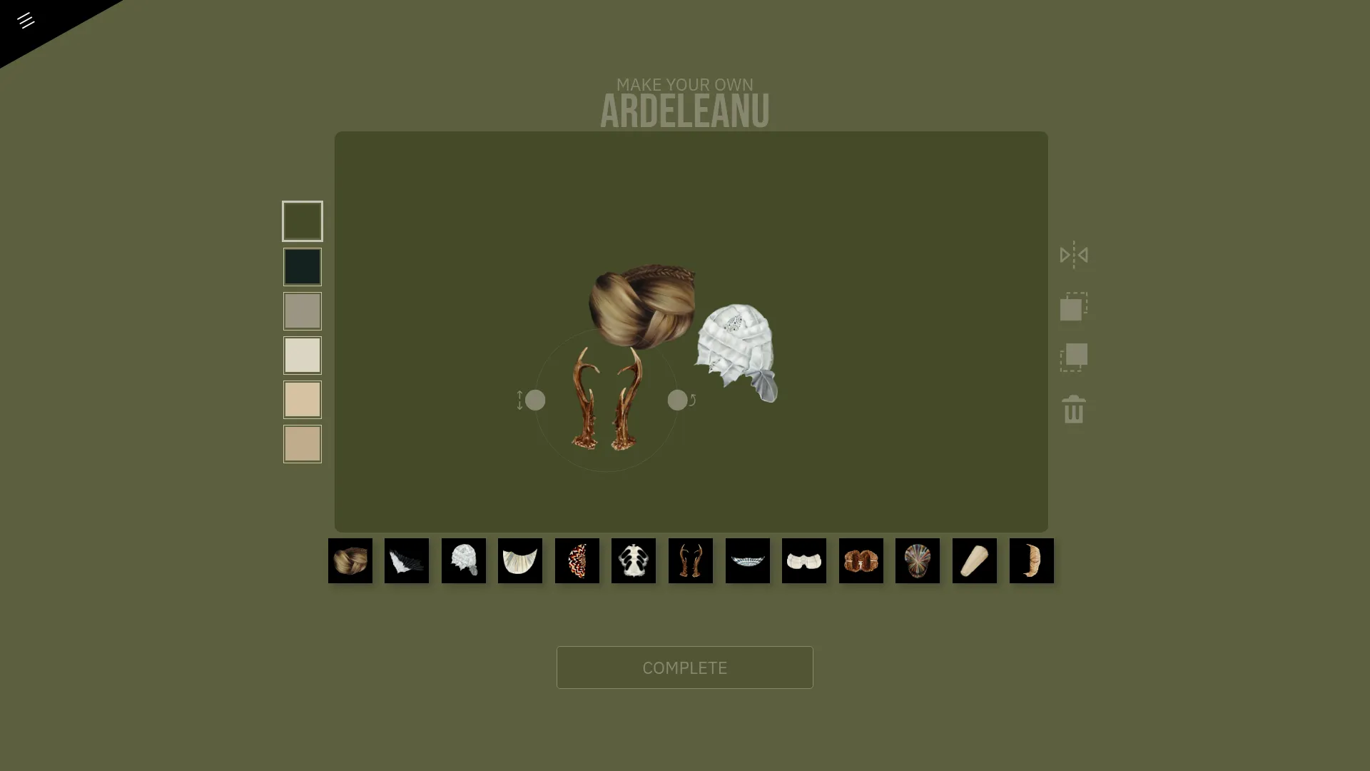 The episode's editor: the first collage elements on the canvas, with the element tray and the circular touch selector.