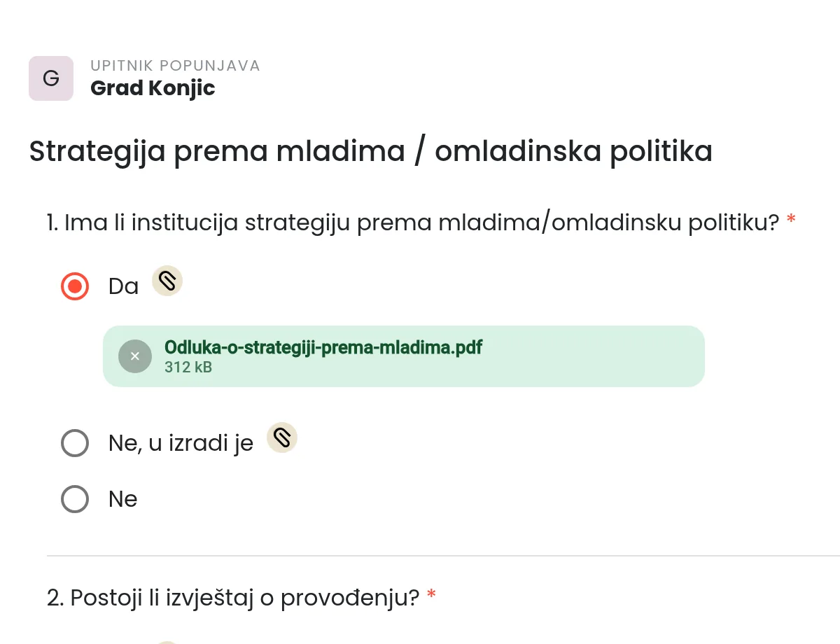 The questionnaire in the institution app: an affirmative answer with an attached document