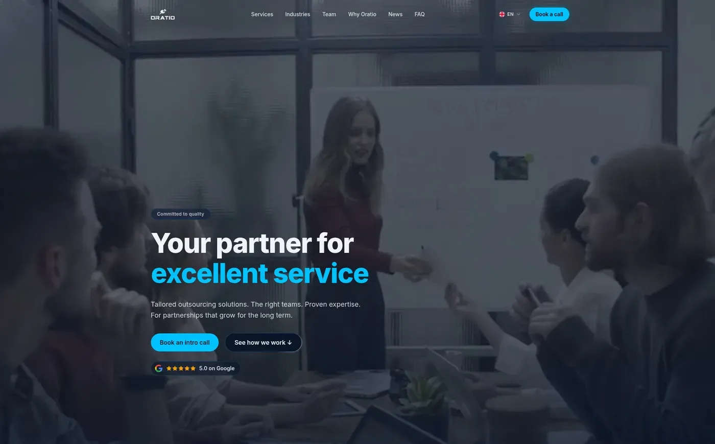 Opening screen with a photograph of the team in a meeting room, a headline about a partner for excellent service, two buttons and a 5.0 Google rating