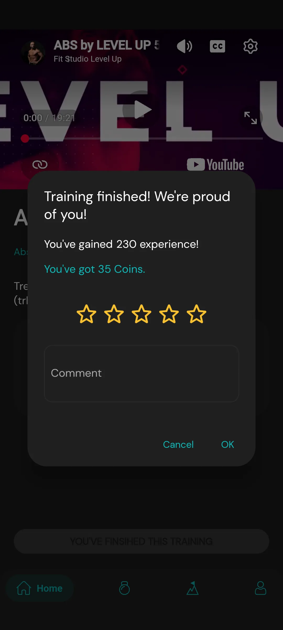 230 XP and 35 coins after a finished workout