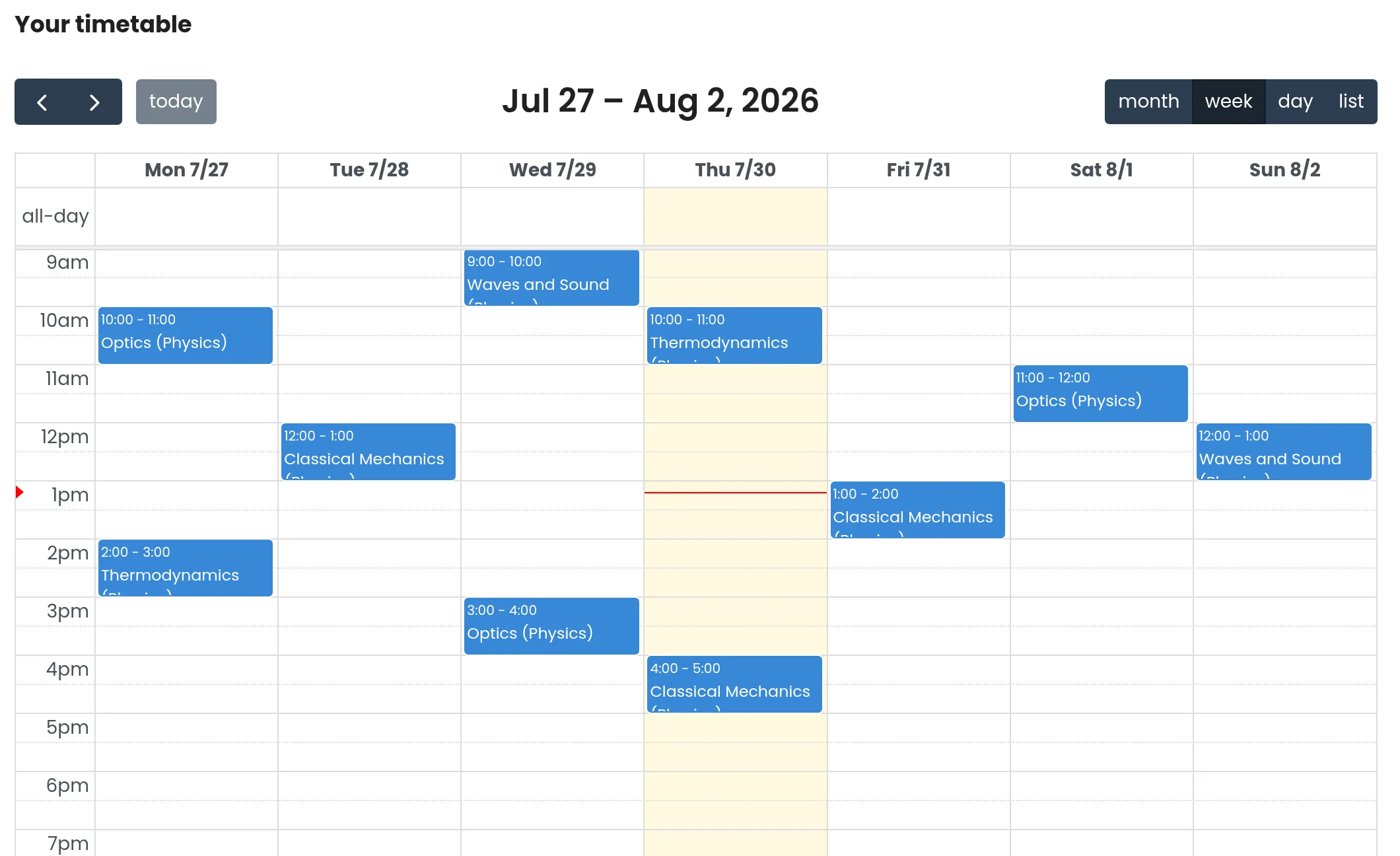A student's weekly class timetable, Monday to Sunday, carrying a class every day and two on Monday, Wednesday and Thursday, among them Classical Mechanics on Thursday from 4 to 5pm.