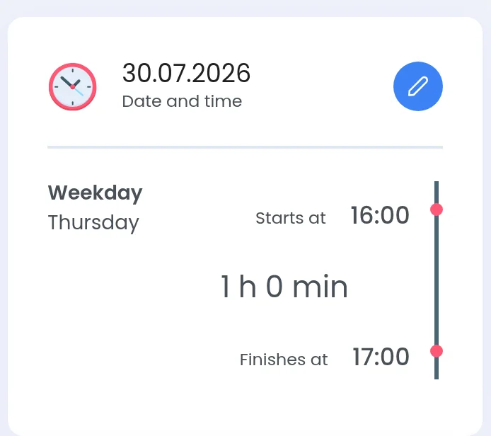 The date and time card of the session, Thursday 30 July 2026, running from 16:00 to 17:00, one hour long.